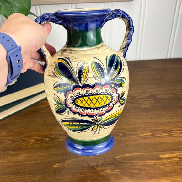 Vintage Jasba West German Vase Folk Art Pottery with Braided Handles 1960s - Picture 7 of 12